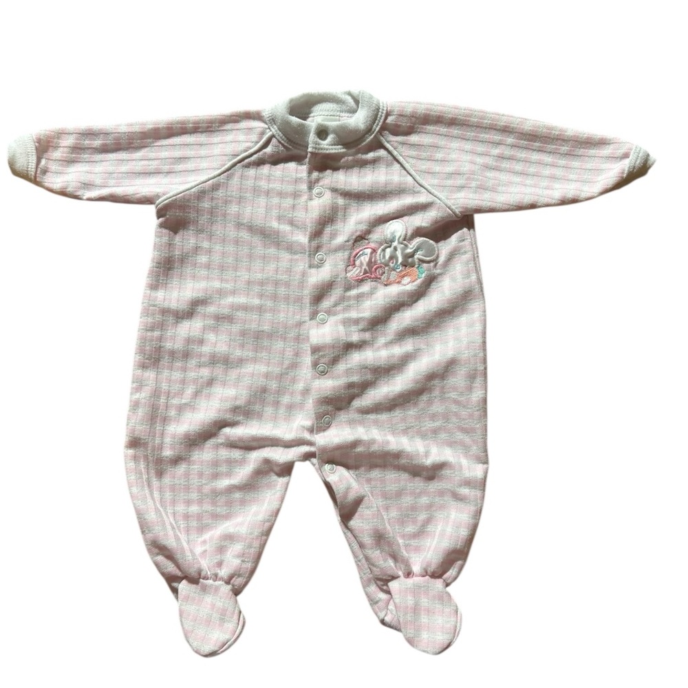 • VTG 90s BabyGro Pink Gingham Waffle‎ Knit Sleeper Medium Bunny